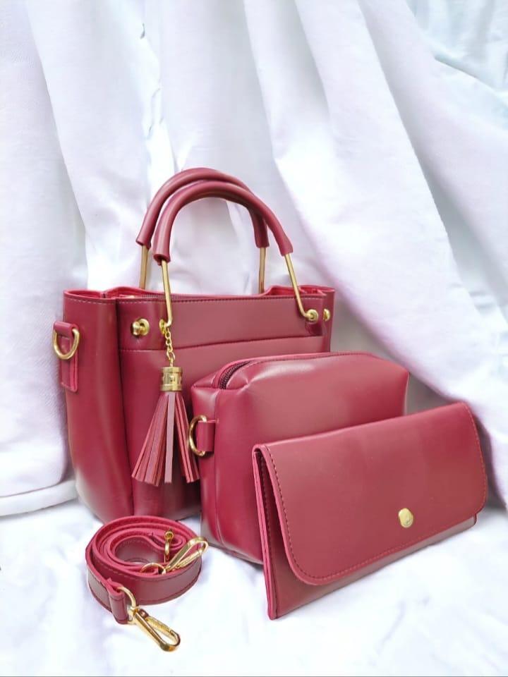 Women's PU Leather Plain Hand Bag Set