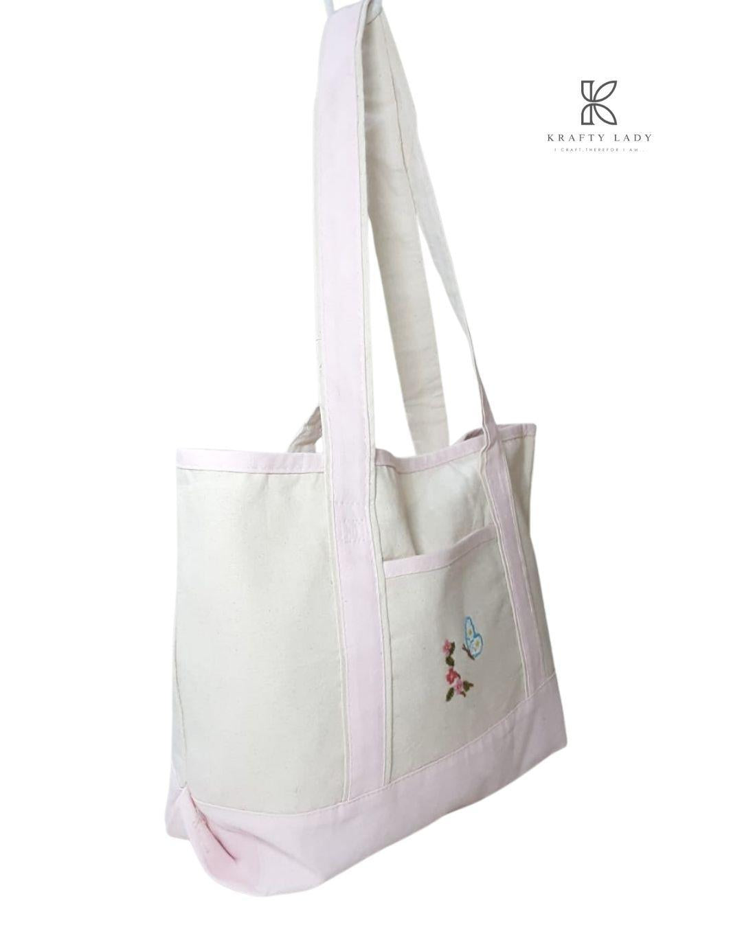 Chic Women's Off White Embroidered Jute Tote Bag