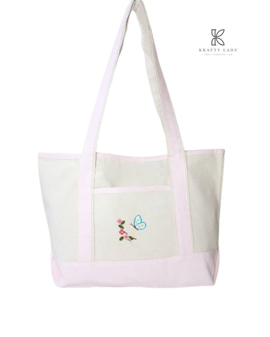 Chic Women's Off White Embroidered Jute Tote Bag