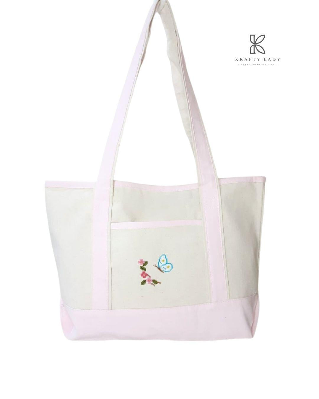 Chic Women's Off White Embroidered Jute Tote Bag